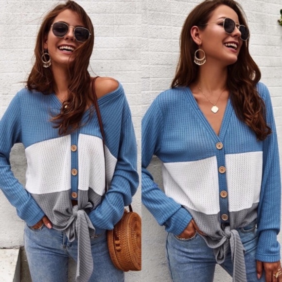 Cozy Button up Waffle Front Tie Top - Picture 2 of 9